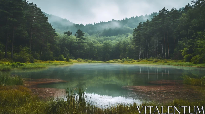 Calm Forest Lake with Misty Reflection AI Image