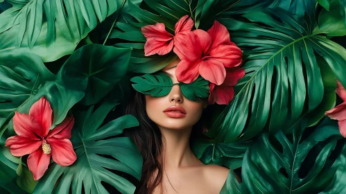 Tropical Beauty Surrounded by Lush Greenery and Flowers