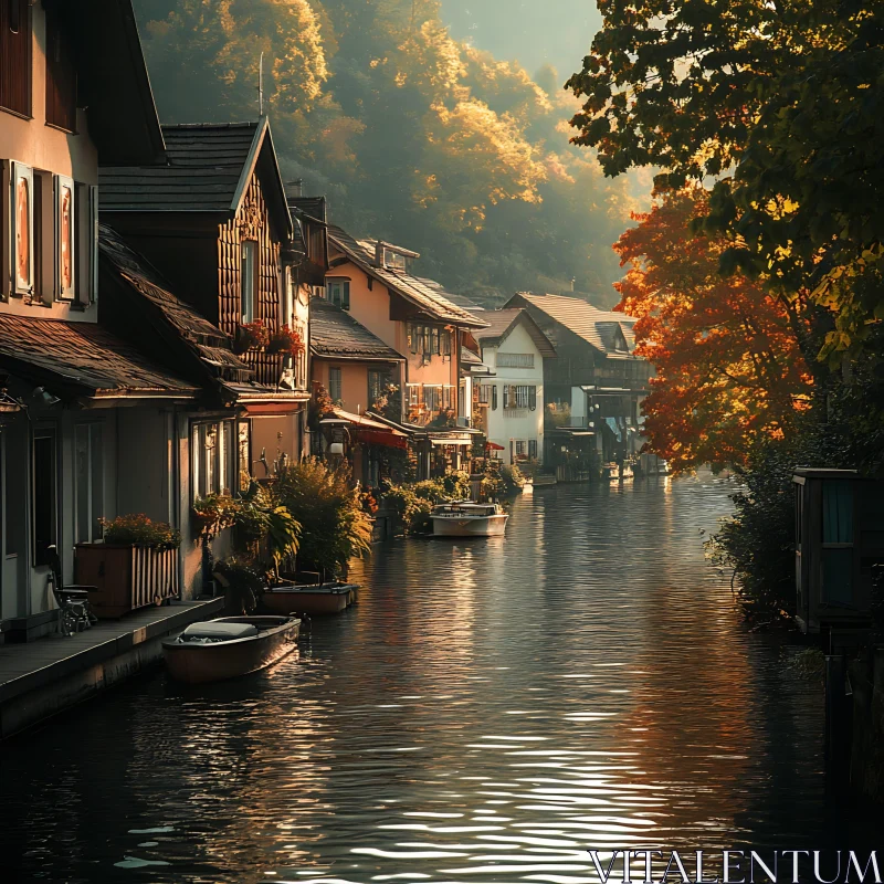 Tranquil Riverbank Houses During Autumn AI Image