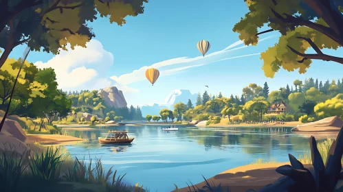 Tranquil Lake View with Floating Balloons