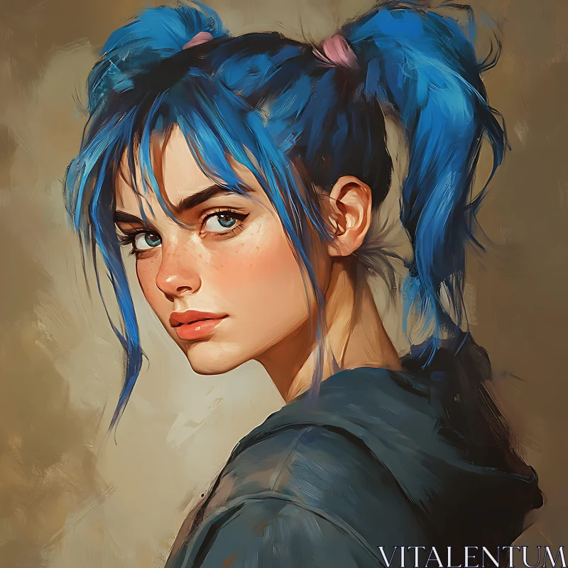 Artwork of a Freckled Girl with Blue Ponytails AI Image