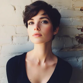 Serene Woman's Portrait against Brick Wall