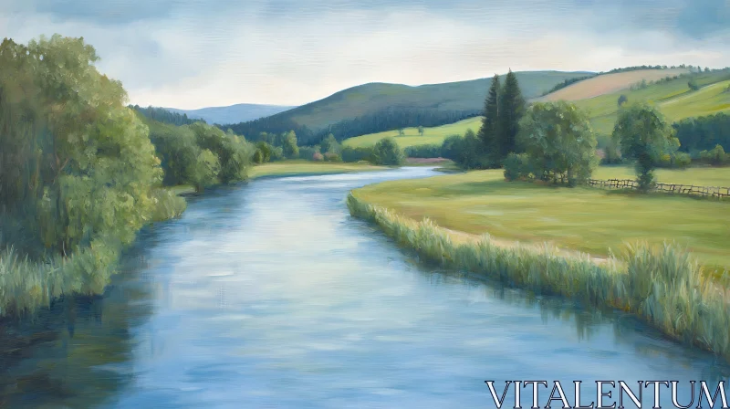 Serene River Landscape with Rolling Hills AI Image