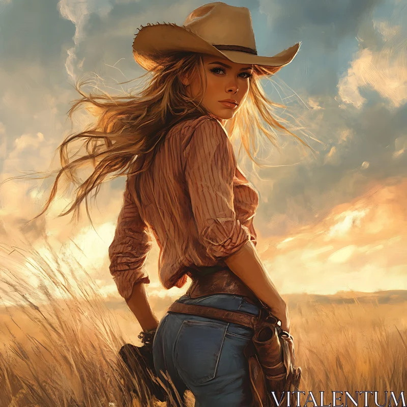 Cowgirl in the Golden Light of Dusk AI Image