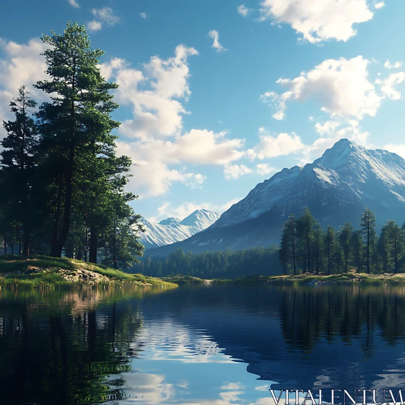 Serene Nature Scene with Lake, Pine Trees, and Mountains AI Image