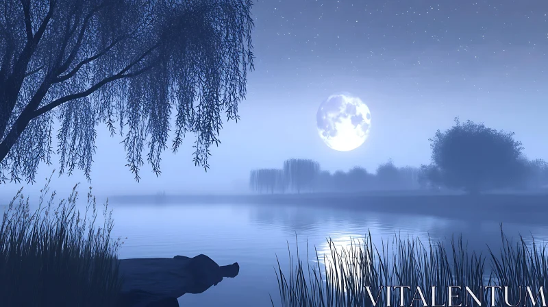 Tranquil Night by the Lake AI Image