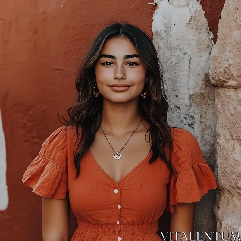 Portrait of Woman in Orange Dress AI Image