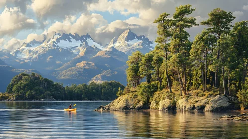 Peaceful Mountain Lake with Canoe and Trees