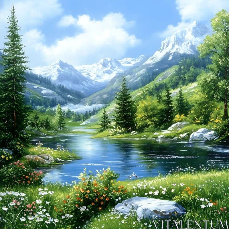 AI ART Tranquil Alpine Scenery with Snowy Peaks