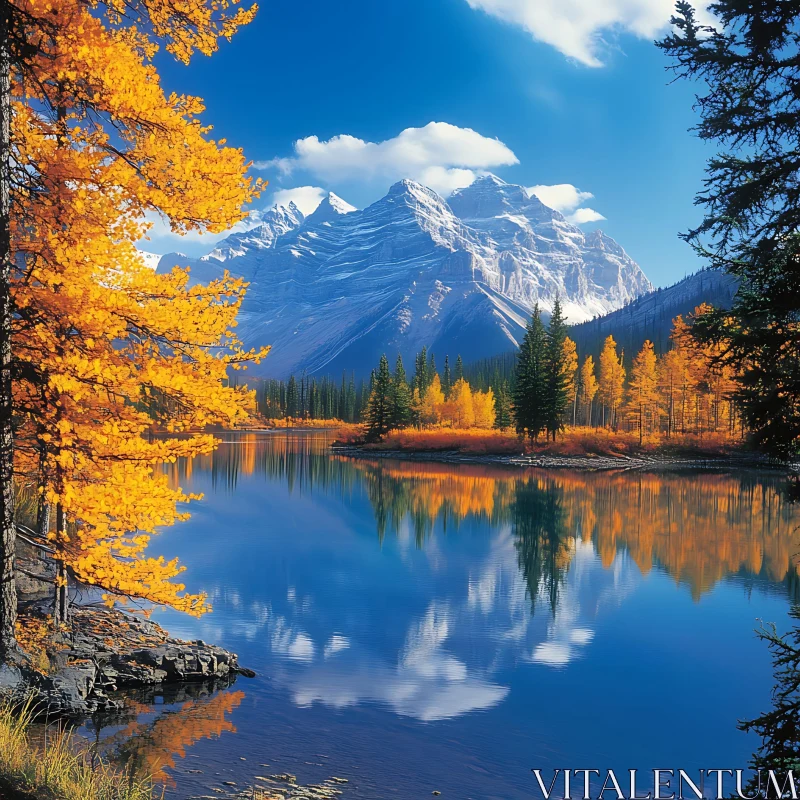 AI ART Golden Trees and Calm Waters with Majestic Mountains