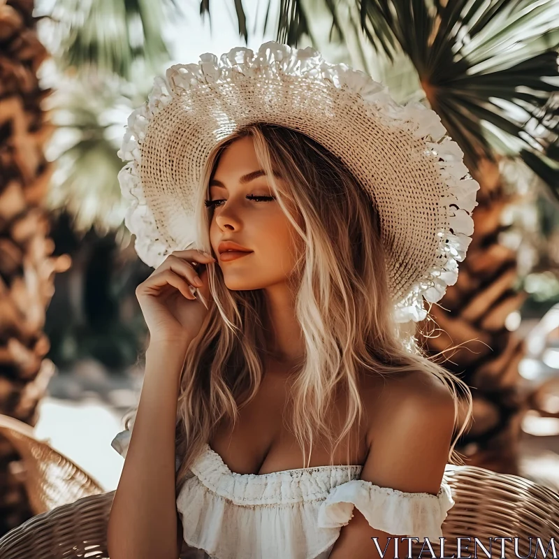 AI ART Blonde Woman in White Dress with Straw Hat