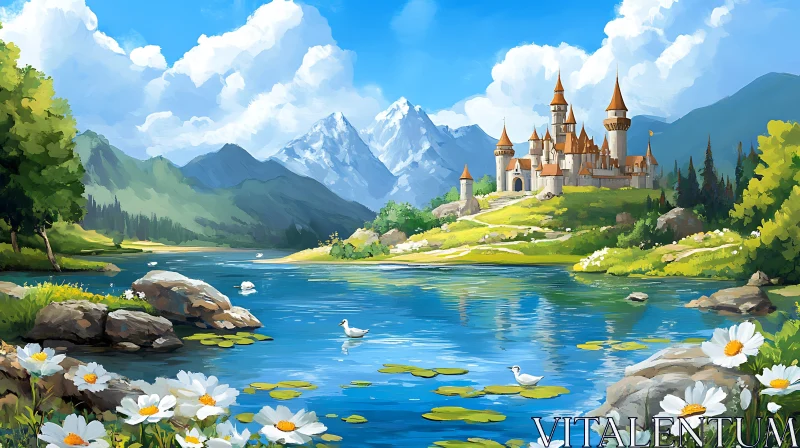 Idyllic Castle and Lake in Nature AI Image