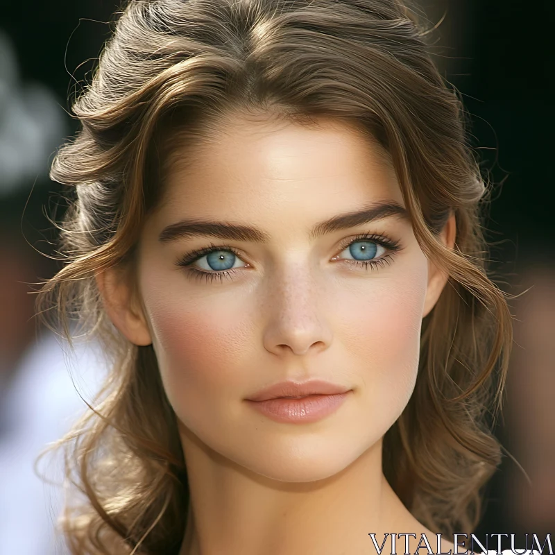 Beautiful Woman with Blue Eyes and Brown Hair AI Image