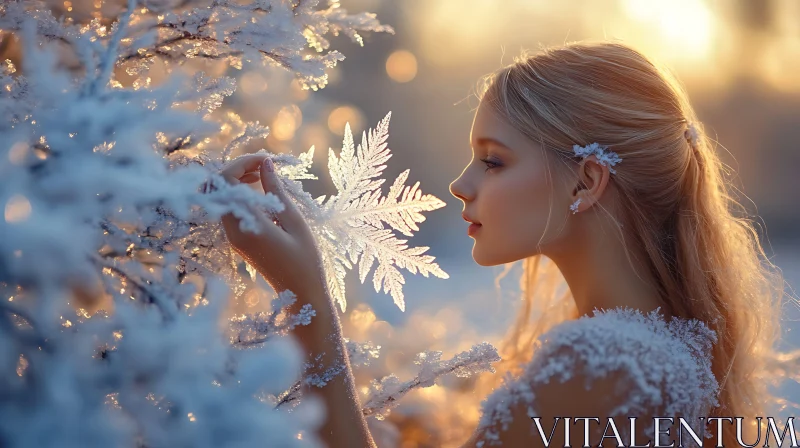 Serenity in Frost: Woman with Snowflake AI Image