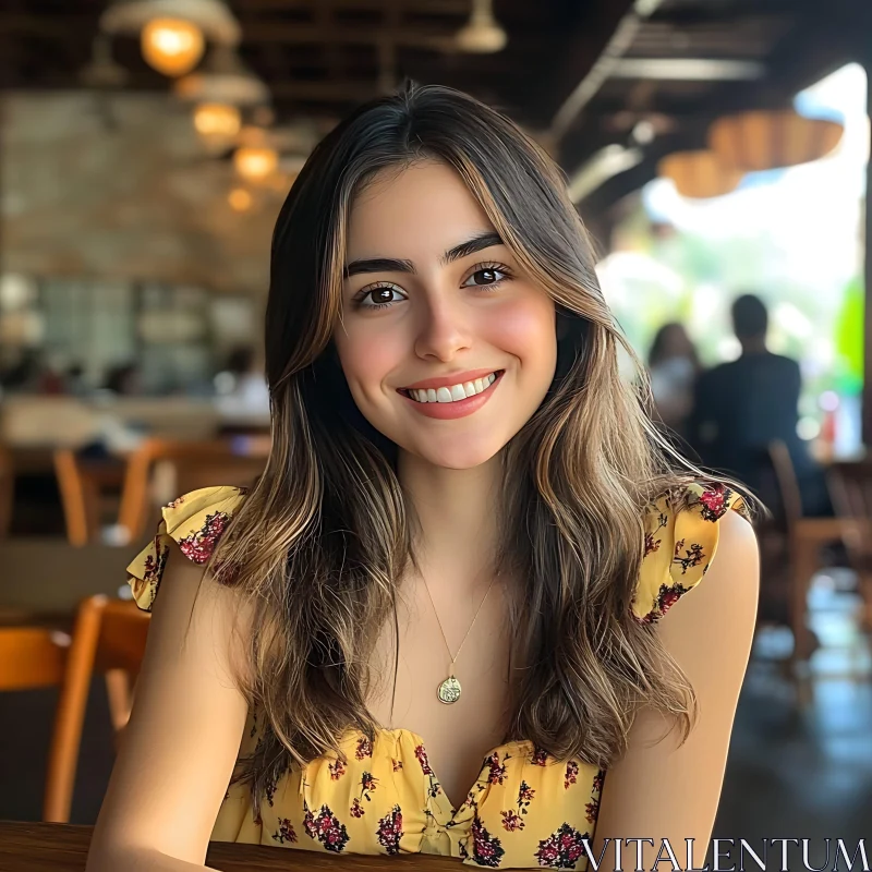 Happy Woman in Florally Patterned Dress AI Image