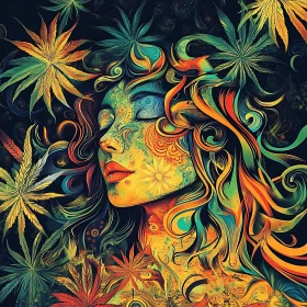 Dreamlike Woman with Swirly Leaves in Psychedelic Art