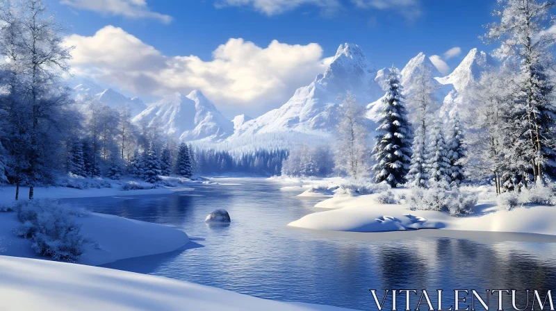 Calm River Flowing Through Snowy Forest in Winter AI Image