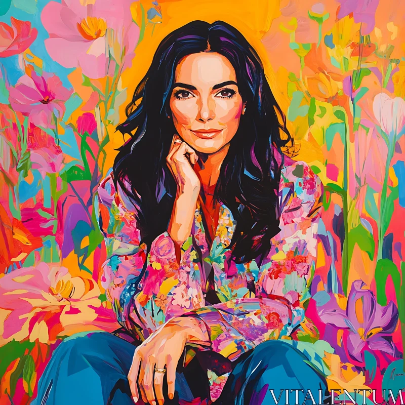 Vibrant Floral Pop Art Female Portrait AI Image