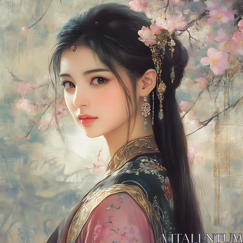 Elegant Woman with Blossoms AI Image