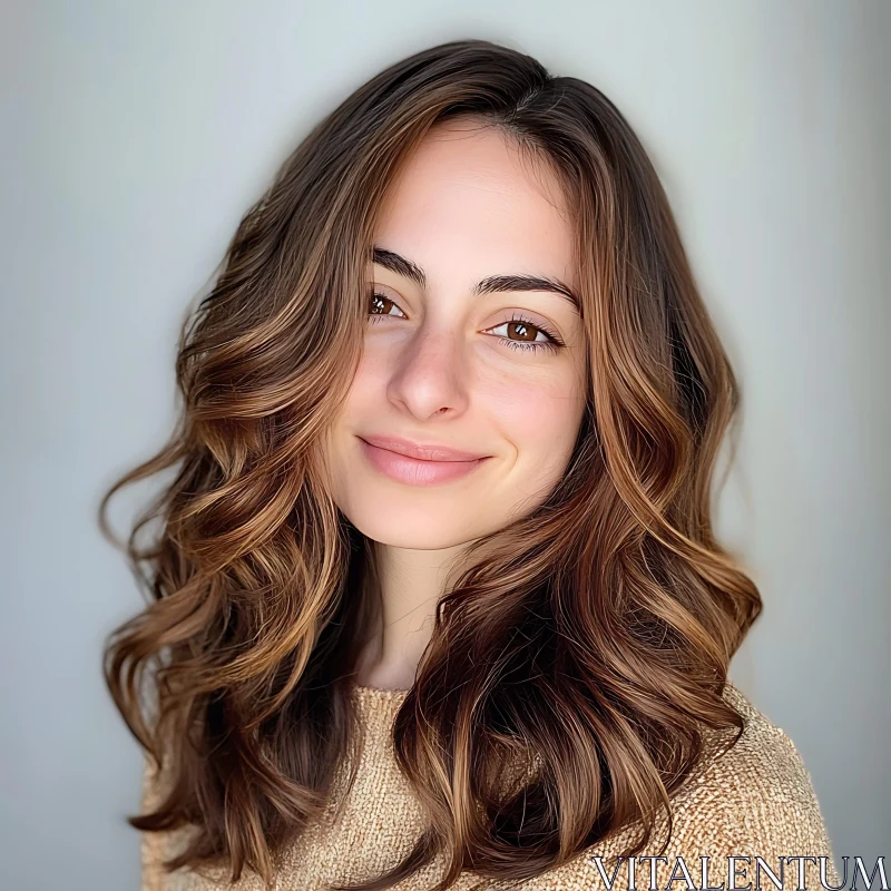 Young Woman with Curly Brown Hair in a Sweater AI Image