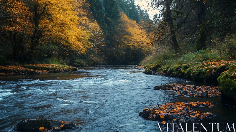 Autumnal Forest with Flowing River AI Image