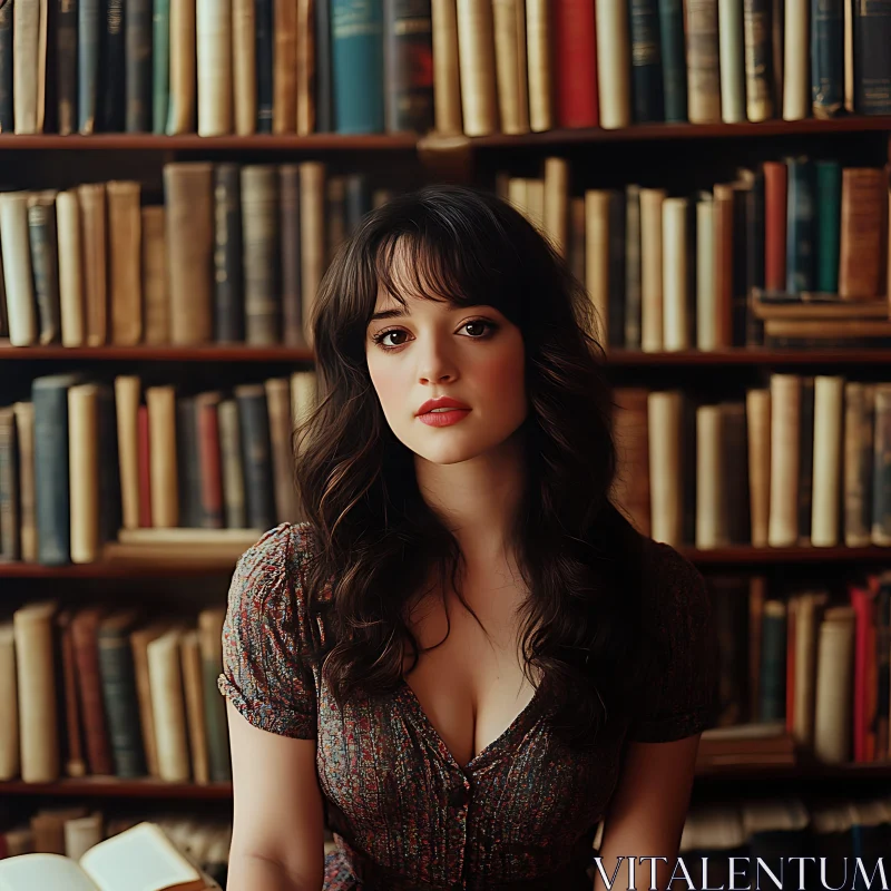 Serious Woman in Front of Bookshelves AI Image