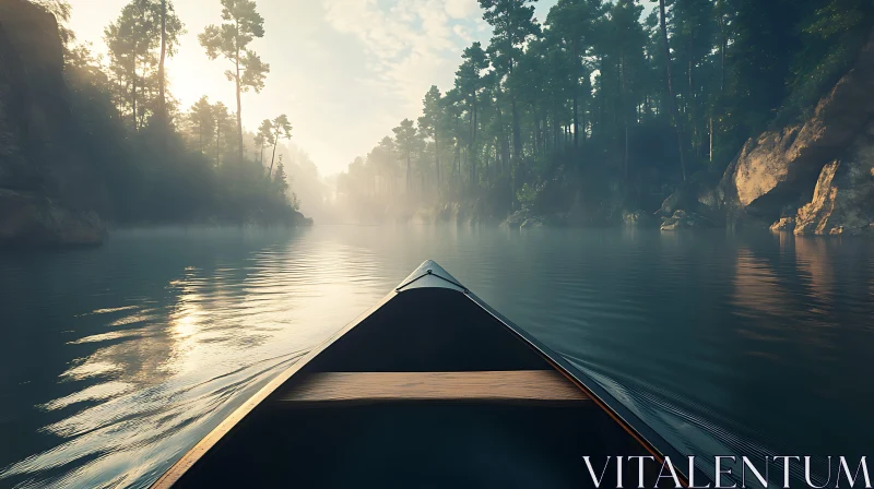 Misty Dawn Canoe Journey AI Image