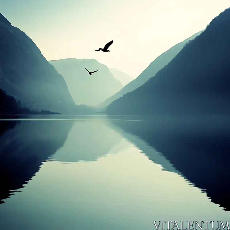 Calm Lake with Mountain Reflections and Birds AI Image