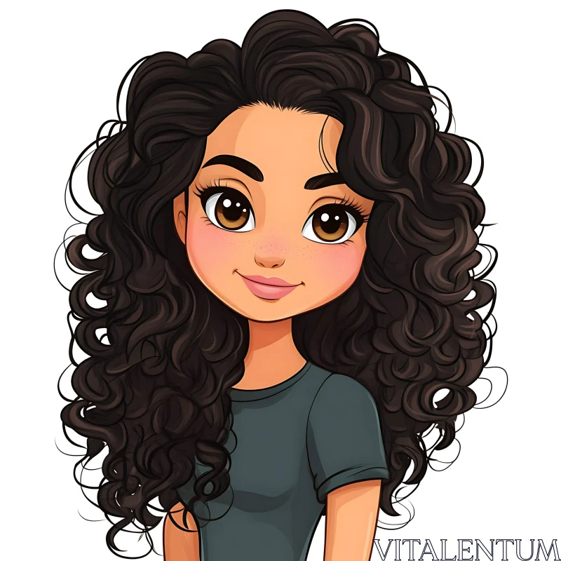 Charming Cartoon Girl with Big Eyes and Curly Hair AI Image