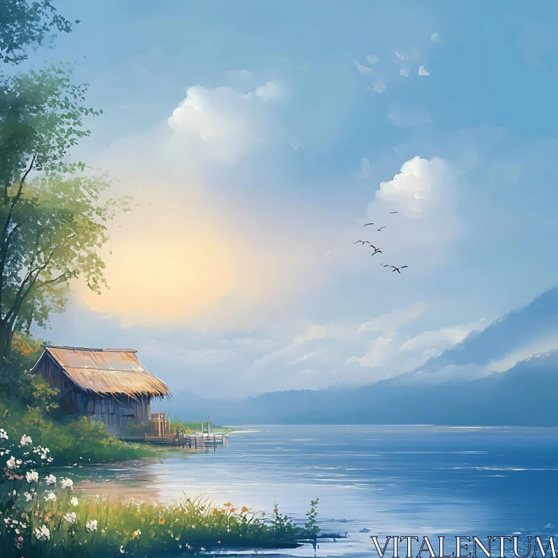 Serene Lakeside Landscape with Thatched Hut and Nature AI Image