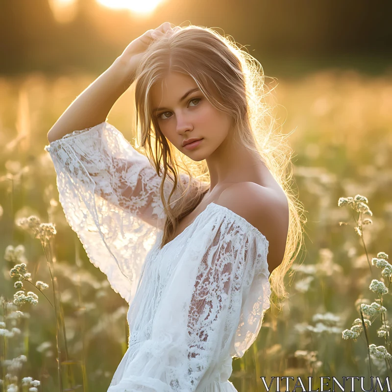 AI ART Woman Standing in a Flower Field at Sunset