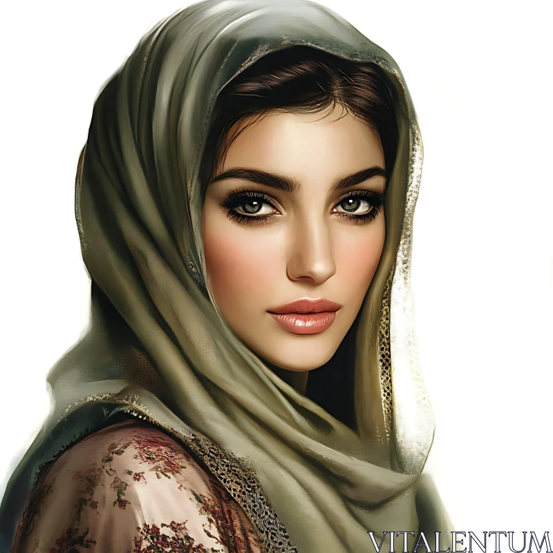 Serene Female Portrait with Veiled Head AI Image