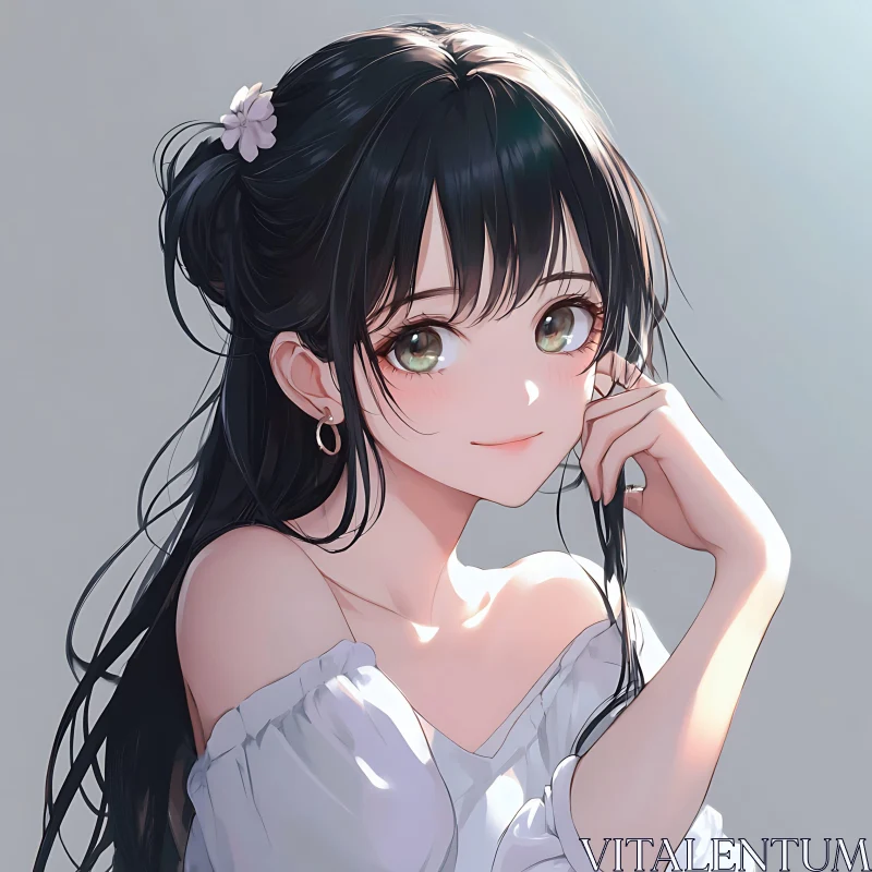 AI ART Anime Illustration of a Girl with Black Hair and Green Eyes