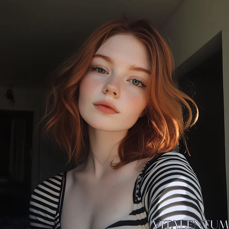 Captivating Red-Haired Beauty with Freckles in Soft Lighting AI Image