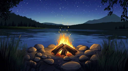 Serene Lake Campfire Under Starry Night