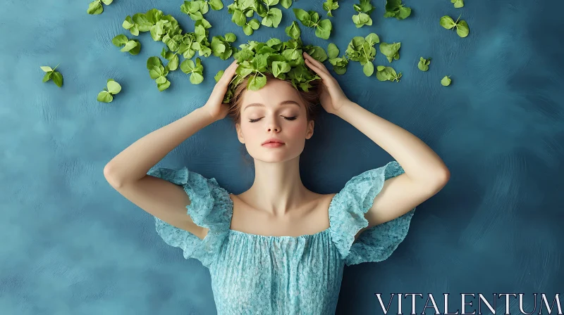 AI ART Woman in Blue with Green Leaves