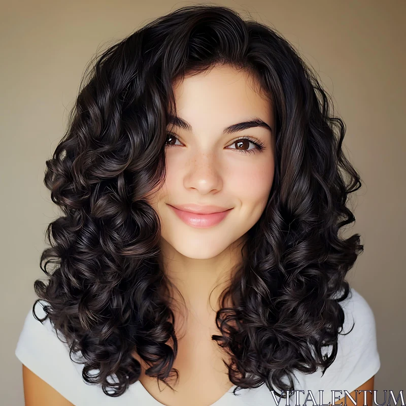 Smiling Young Woman with Dimples and Curly Hair AI Image