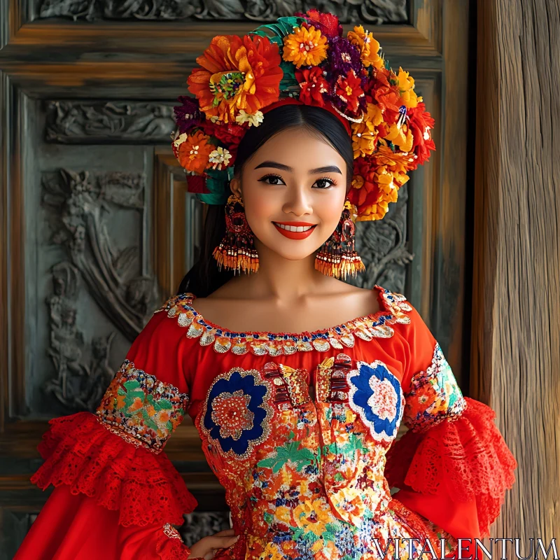 Colorful Traditional Dress and Headpiece AI Image