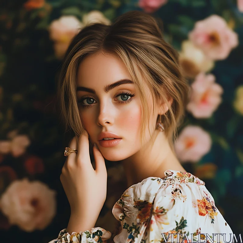 Sensuous Female Portrait in Floral Setting AI Image