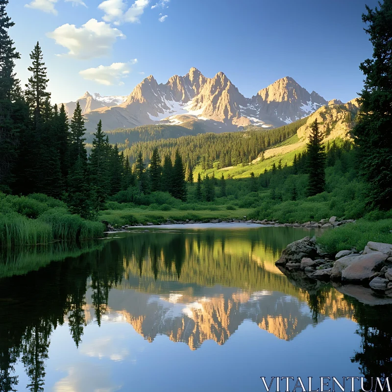 Peaceful Mountain Retreat with Mirror-like Lake AI Image