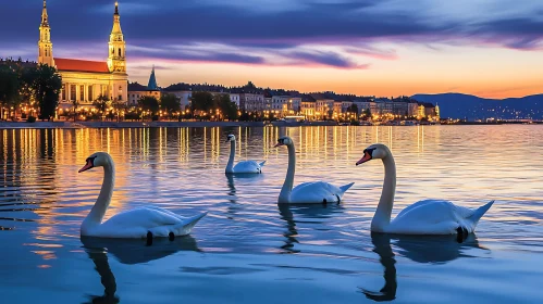 Beautiful Swans at Sunset by a City Lake