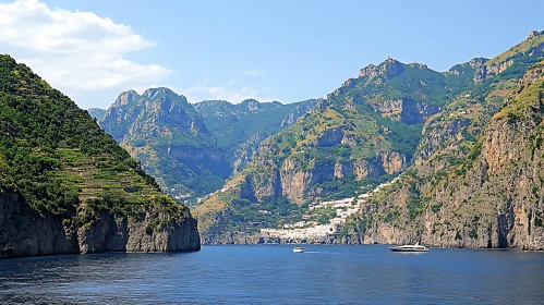 Serene Coastal Scene with Mountains and Blue Sea