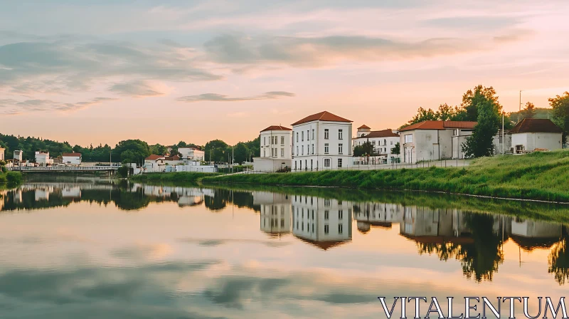 Tranquil Lakeside Sunset with Architectural Reflections AI Image