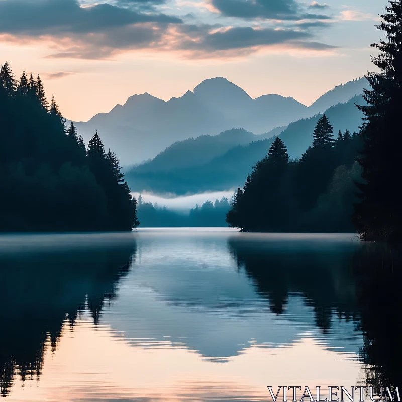 Tranquil Sunrise Over Misty Mountain Lake AI Image