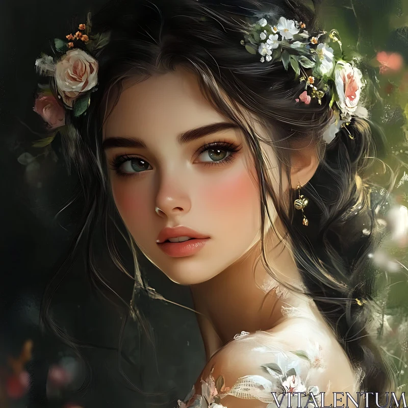 Natural Beauty Woman Portrait with Floral Hair AI Image