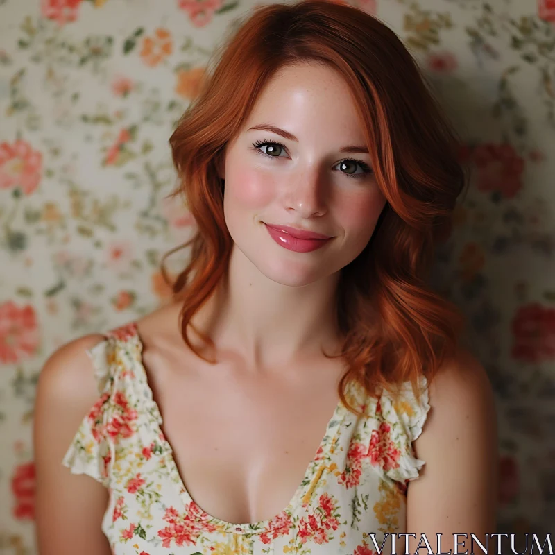 Red-Haired Woman in Floral Background AI Image