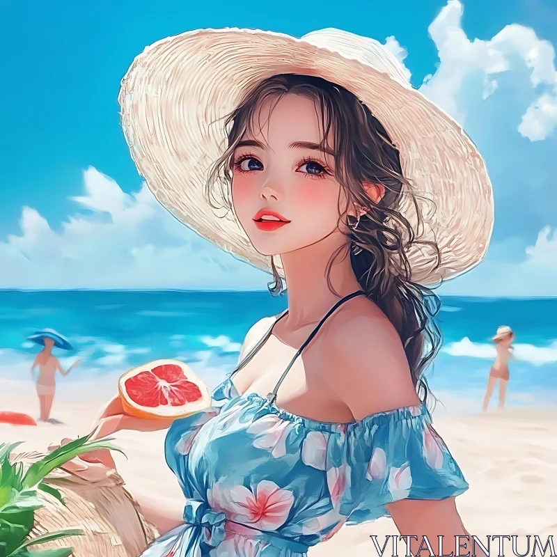 AI ART Summer Beach Art - Woman with Fruit