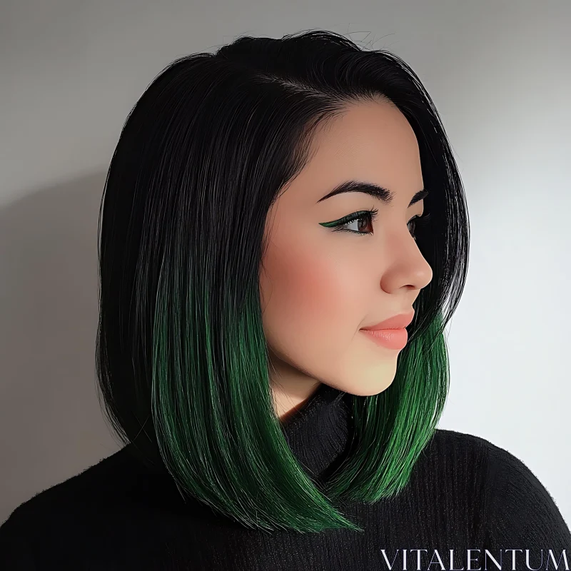 Sophisticated Woman's Side Profile with Stylish Green Highlights AI Image