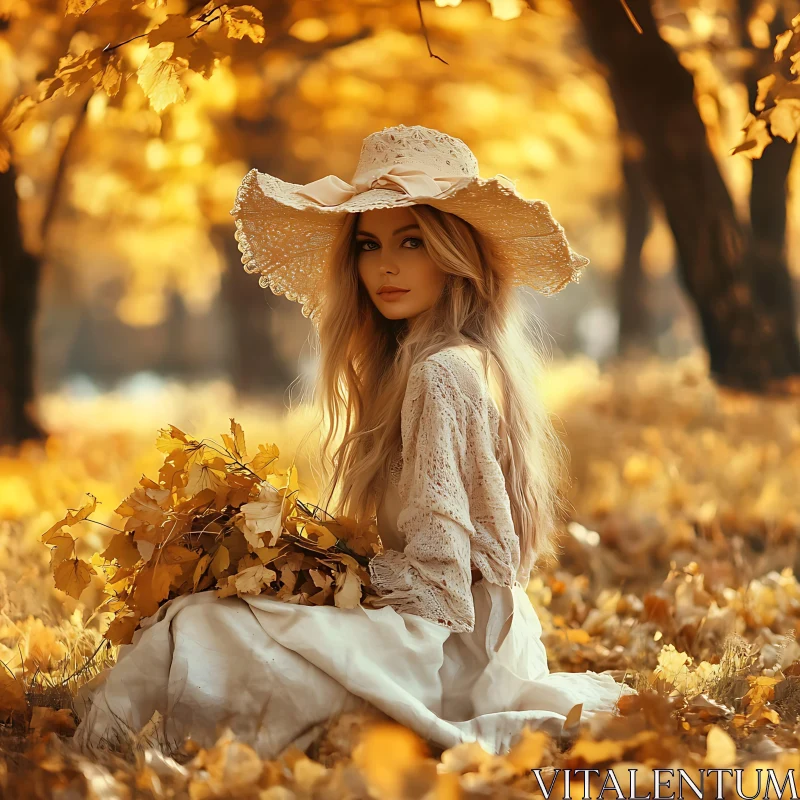 Woman in Autumn Forest Wearing Wide-Brimmed Hat AI Image