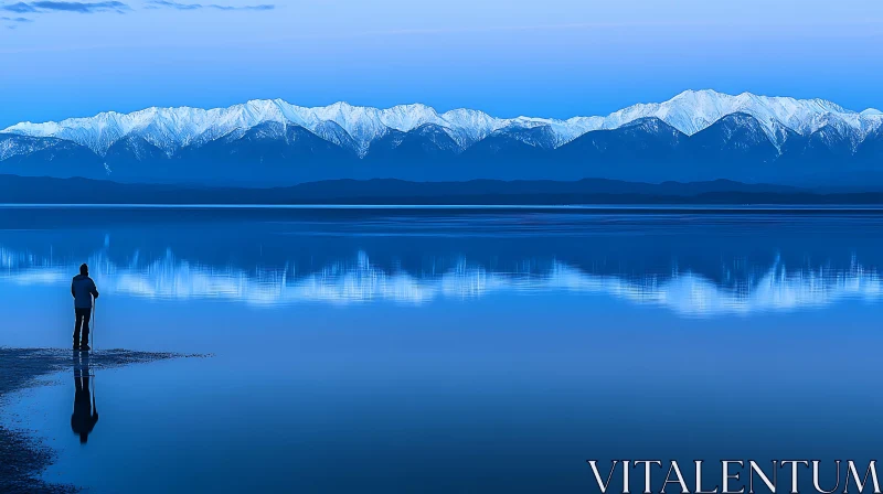 Tranquil Blue Landscape with Mountain and Water Reflection AI Image